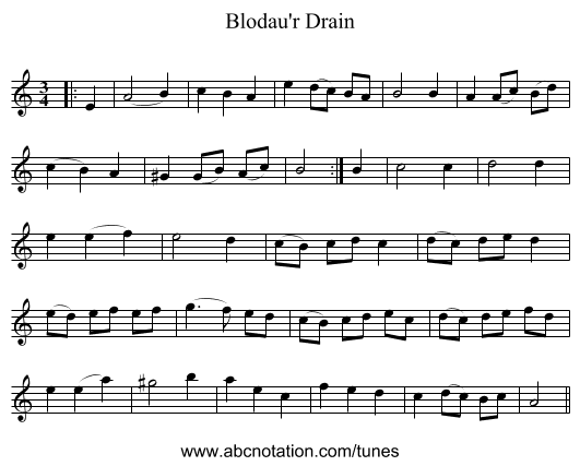 Blodau'r Drain - staff notation
