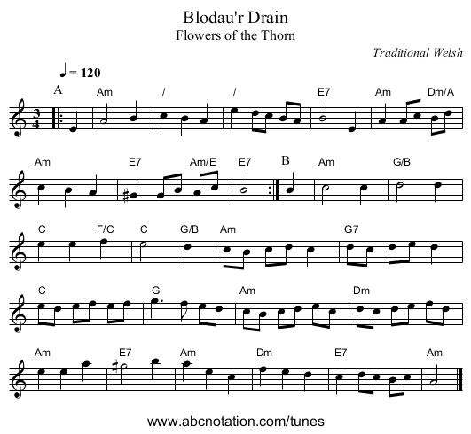 Blodau'r Drain - staff notation