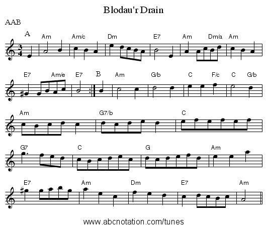 Blodau'r Drain - staff notation