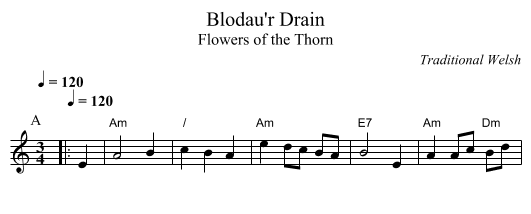 Blodau'r Drain - staff notation