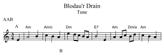 Blodau'r Drain - staff notation