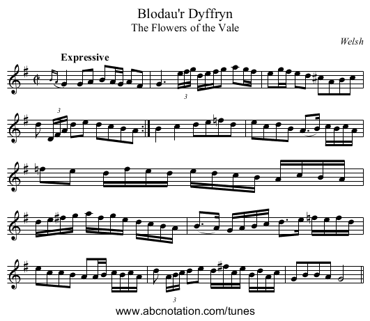 Blodau'r Dyffryn - staff notation