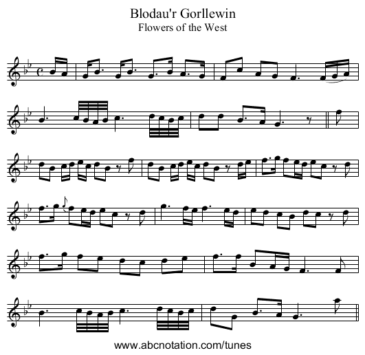 Blodau'r Gorllewin - staff notation