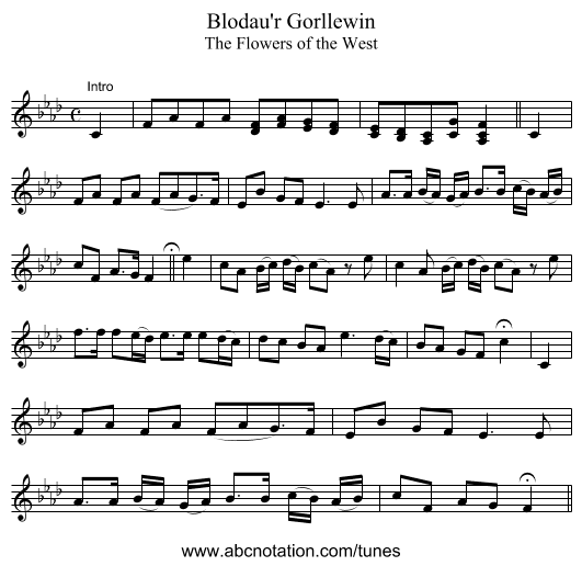 Blodau'r Gorllewin - staff notation