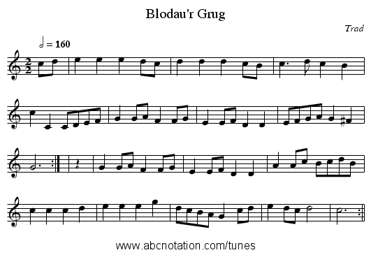 Blodau'r Grug - staff notation
