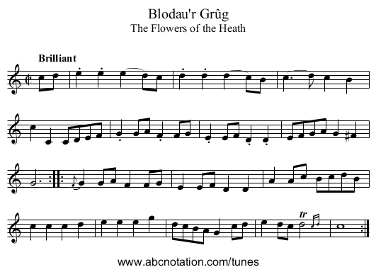 Blodau'r Grûg - staff notation