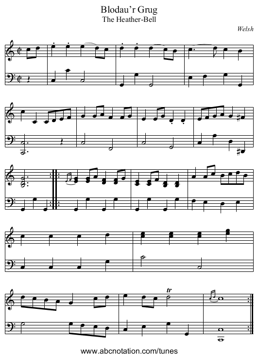 Blodau’r Grug - staff notation