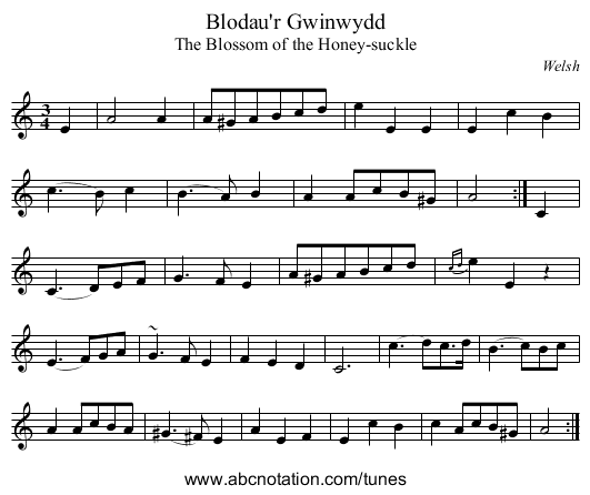 Blodau'r Gwinwydd - staff notation