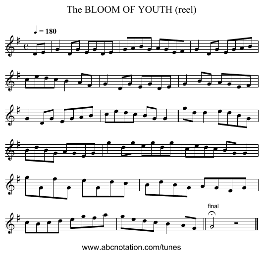 BLOOM OF YOUTH (reel), The - staff notation