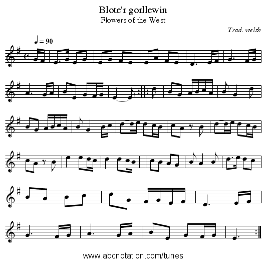 Blote'r gorllewin - staff notation