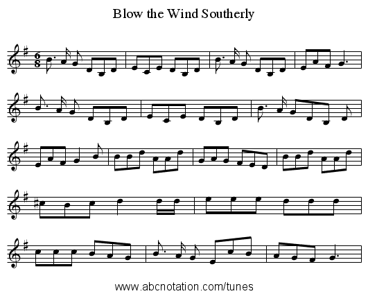 Blow the Wind Southerly - staff notation