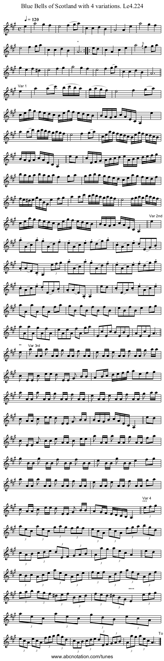 Blue Bells of Scotland with 4 variations. Le4.224 - staff notation