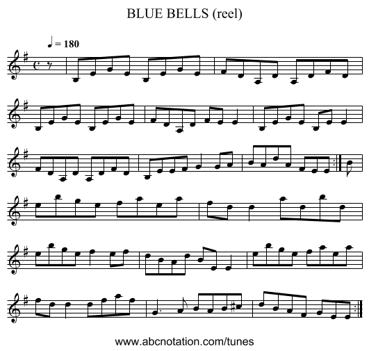 BLUE BELLS (reel) - staff notation