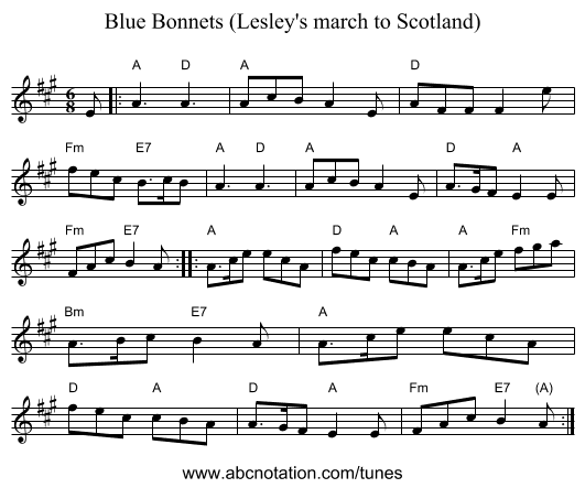 Blue Bonnets (Lesley's march to Scotland) - staff notation