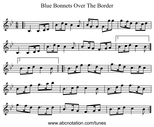 Blue Bonnets Over The Border - staff notation