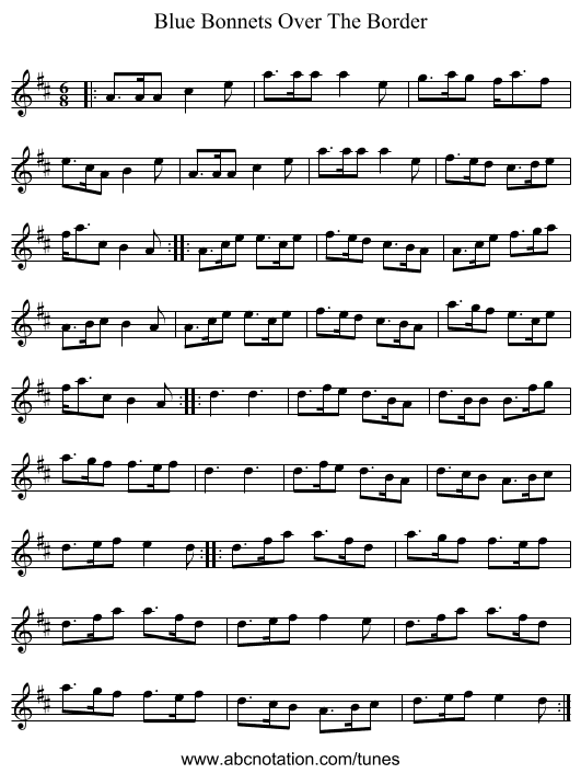 Blue Bonnets Over The Border - staff notation