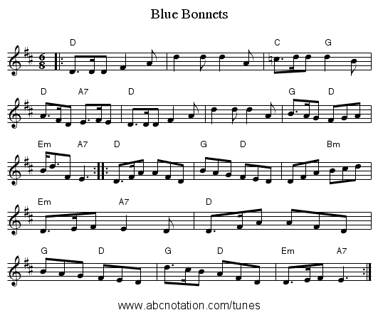 Blue Bonnets - staff notation