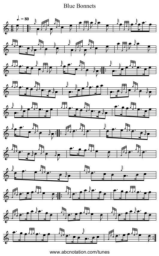 Blue Bonnets - staff notation