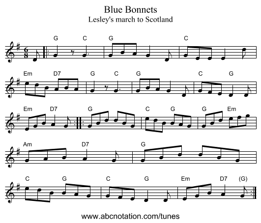 Blue Bonnets - staff notation