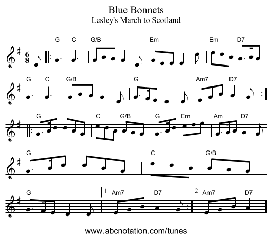 Blue Bonnets - staff notation