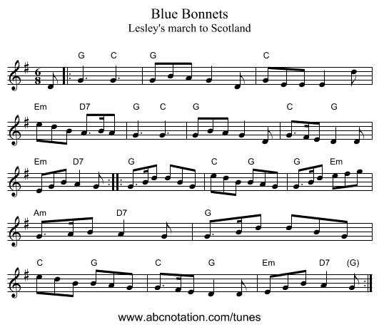 Blue Bonnets - staff notation