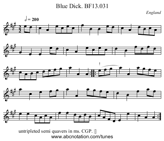 Blue Dick. BF13.031 - staff notation