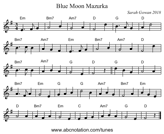 Blue Moon Mazurka - staff notation
