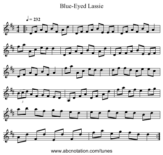 Blue-Eyed Lassie - staff notation