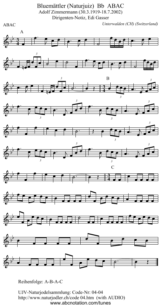 Bluemättler (Naturjuiz)  Bb  ABAC - staff notation