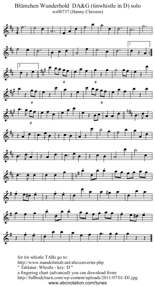 Blümchen Wunderhold DA&G (tinwhistle in D) solo - staff notation