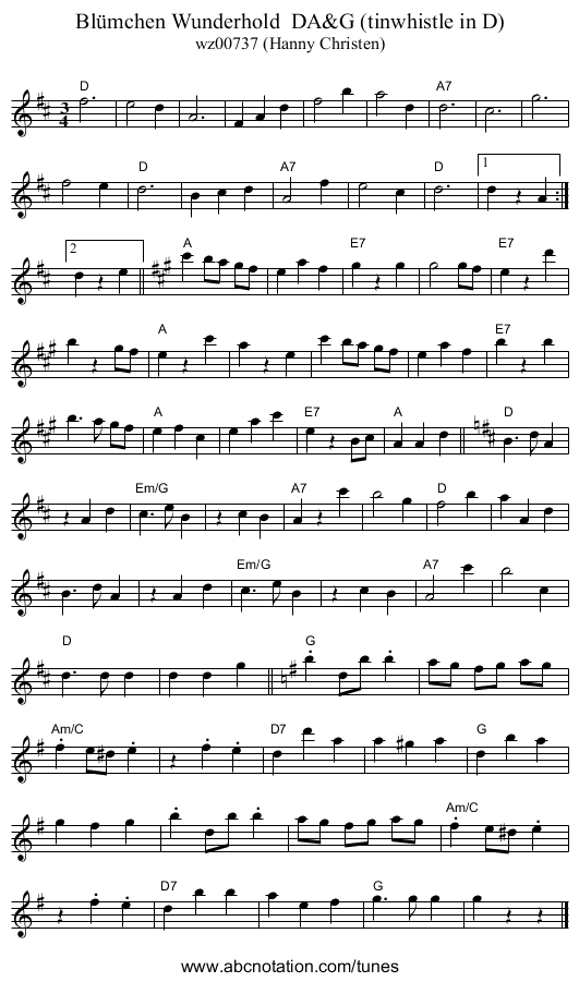 Blümchen Wunderhold DA&G (tinwhistle in D) - staff notation