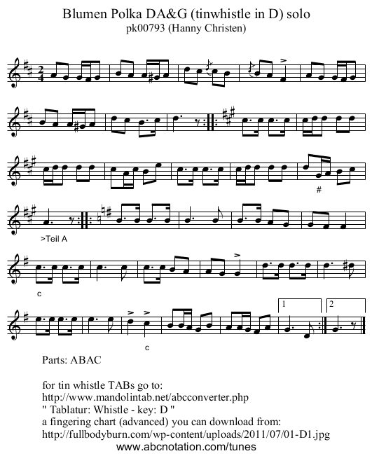Blumen Polka DA&G (tinwhistle in D) solo - staff notation