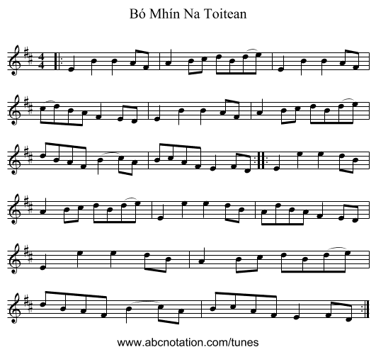 Bó Mhín Na Toitean - staff notation