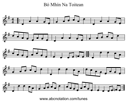 Bó Mhín Na Toitean - staff notation