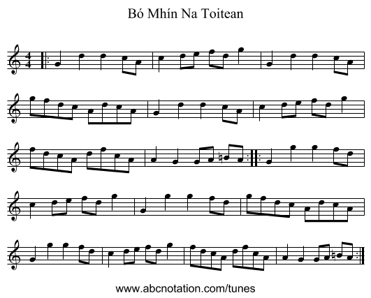 Bó Mhín Na Toitean - staff notation