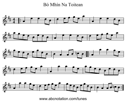 Bó Mhín Na Toitean - staff notation