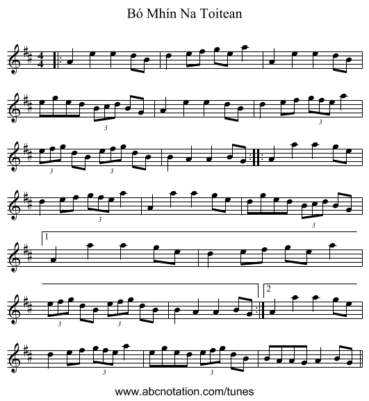 Bó Mhín Na Toitean - staff notation