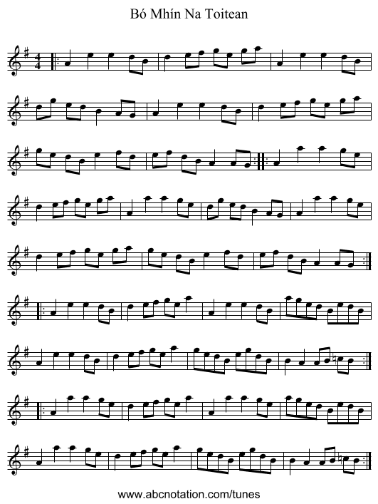 Bó Mhín Na Toitean - staff notation