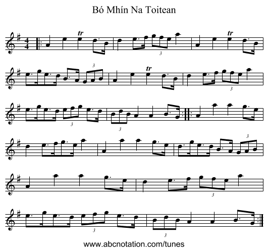 Bó Mhín Na Toitean - staff notation