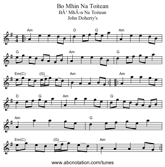 Bo Mhin Na Toitean - staff notation