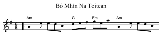 Bó Mhín Na Toitean - staff notation