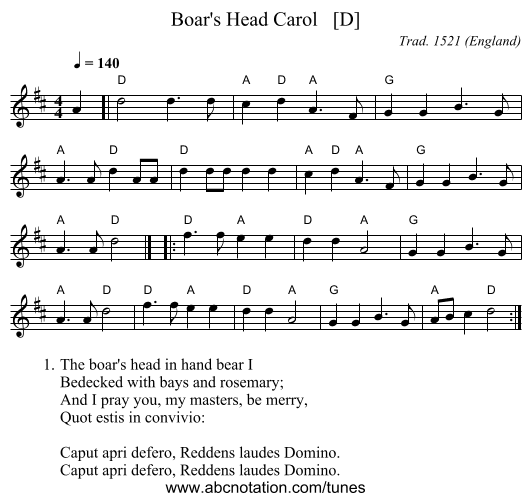 Boar's Head Carol   [D] - staff notation