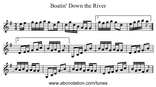 Boatin' Down the River - staff notation