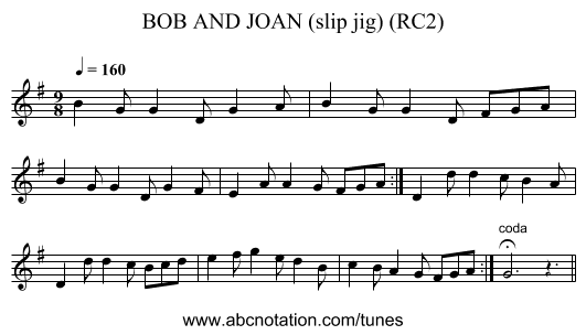 BOB AND JOAN (slip jig) (RC2) - staff notation