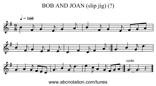 BOB AND JOAN (slip jig) (?) - staff notation