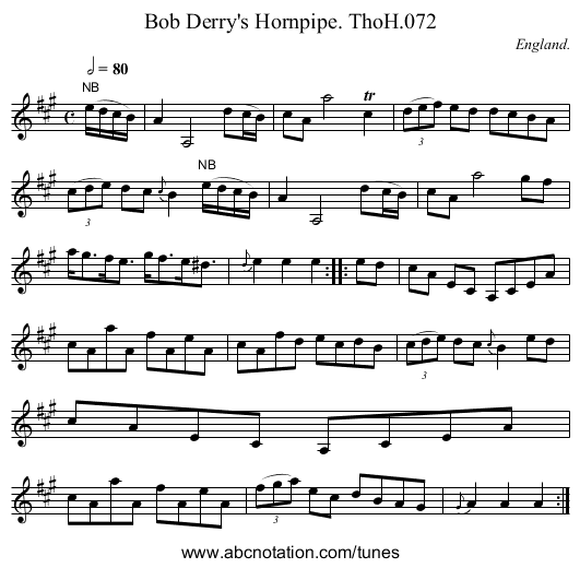 Bob Derry's Hornpipe. ThoH.072 - staff notation