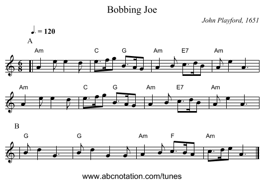 Bobbing Joe - staff notation