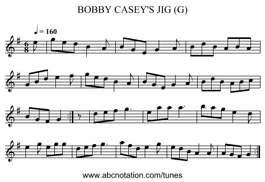 BOBBY CASEY'S JIG (G) - staff notation