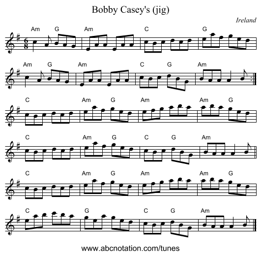 Bobby Casey's (jig) - staff notation