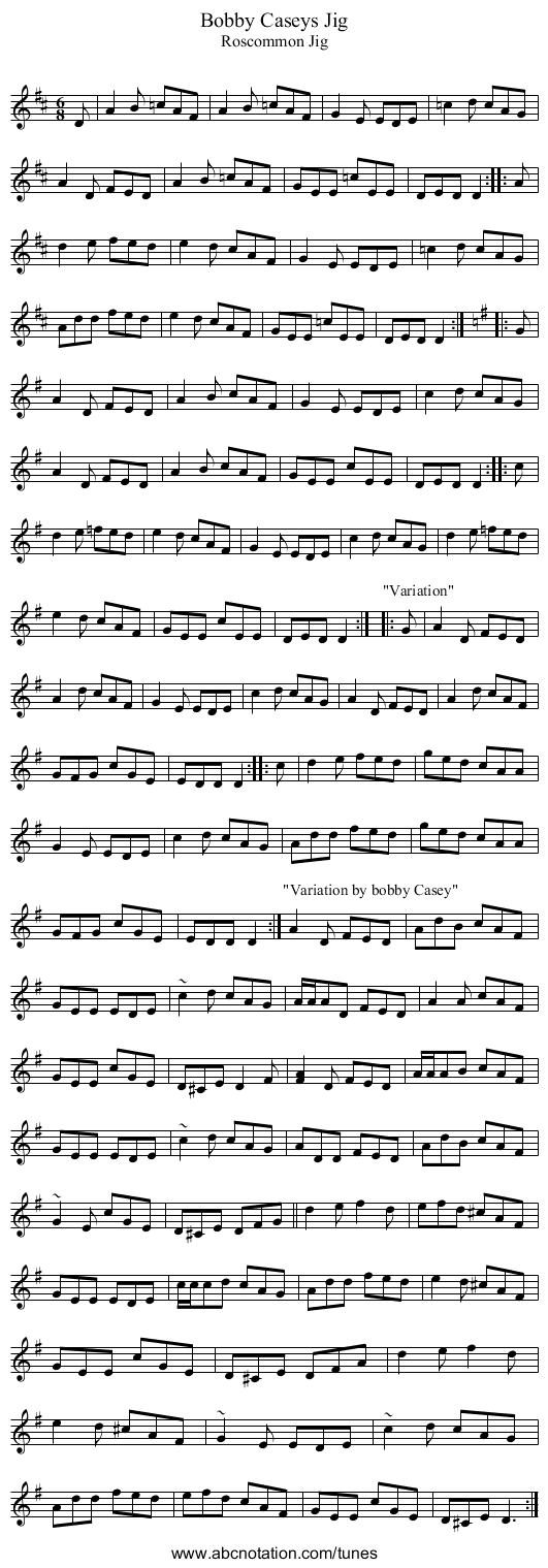 Bobby Caseys Jig - staff notation